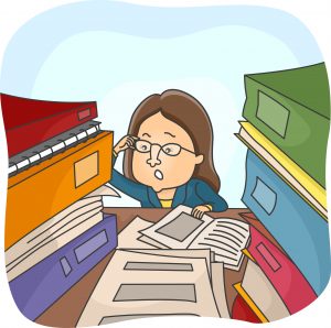 Cartoon of a female looking through binders, notebooks, articles, files and other formats to find content