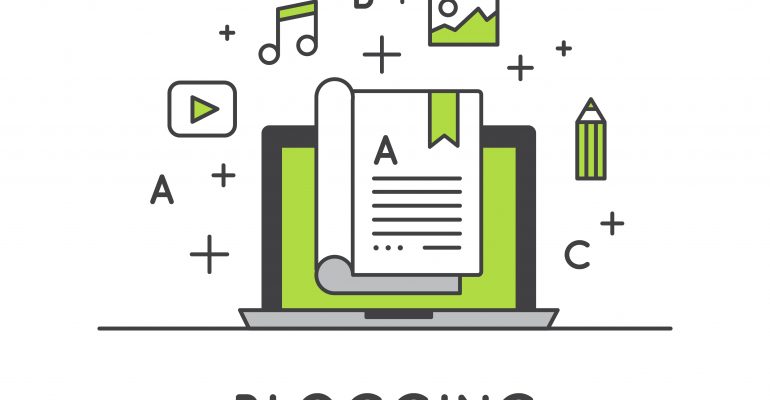 What type of legal blog post works best concept with icons representing blogging such as a computer monitor, book, pencil, image, music note, play button